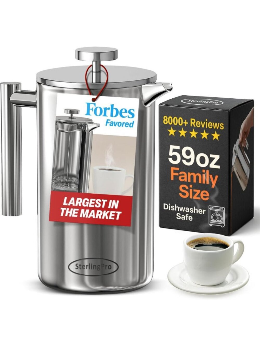 Extra Large Non-Toxic Insulated Stainless Steel French Press - 64oz Capacity, 16